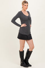 Charcoal Sweetheart Ribbed Long Sleeve Top