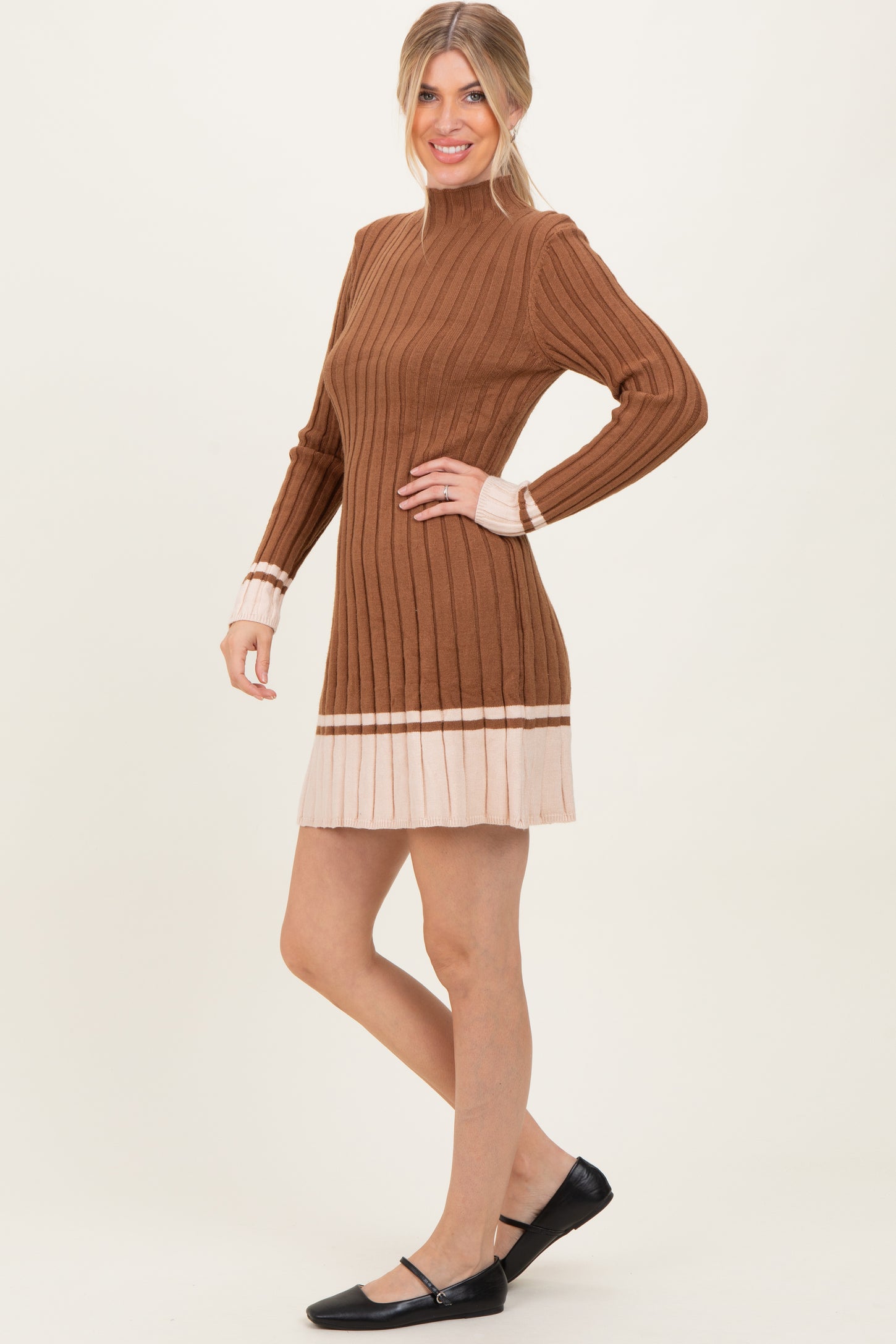 Mocha Ribbed Contrast Hem Sweater Dress
