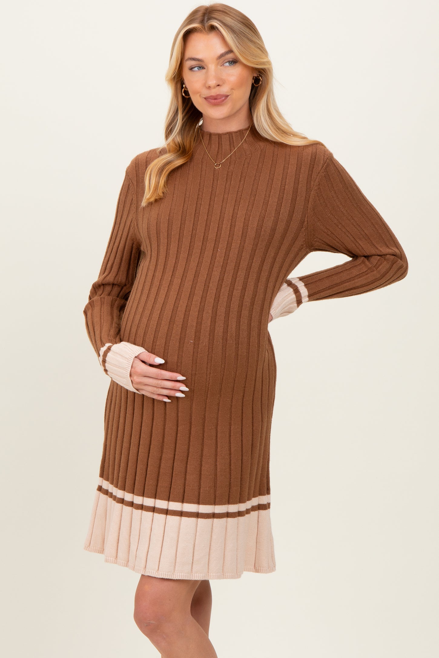 Mocha Ribbed Contrast Hem Maternity Sweater Dress