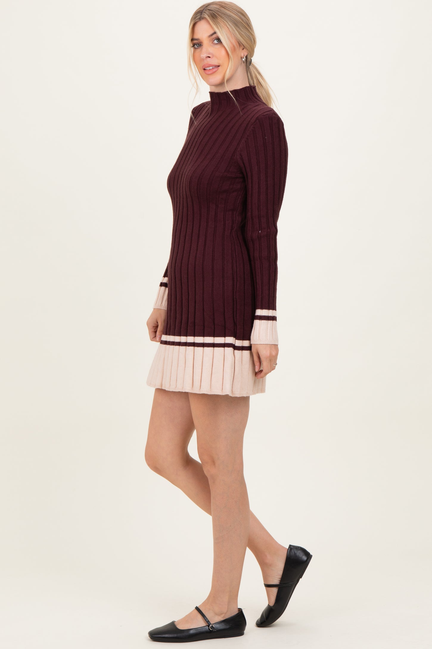 Burgundy Ribbed Contrast Hem Sweater Dress