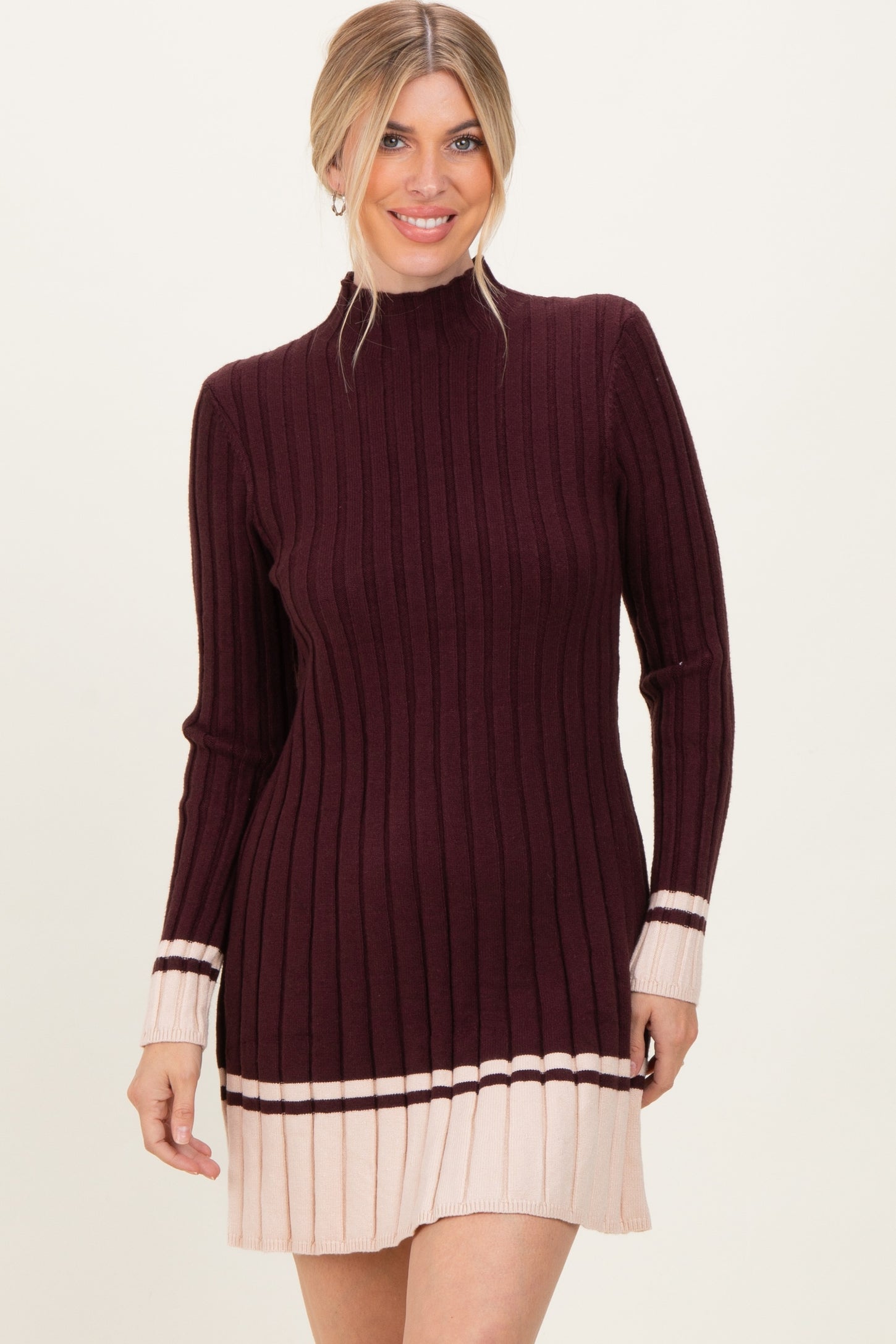 Burgundy Ribbed Contrast Hem Sweater Dress PinkBlush Burgundy Ribbed Contrast Hem Sweater Dress PinkBlush