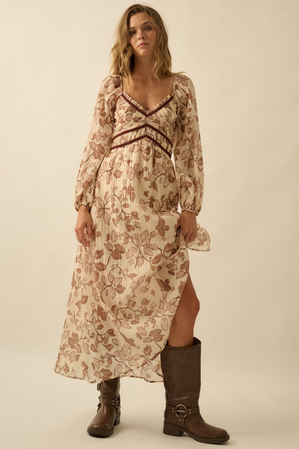Cream Floral V-Neck Velvet Trim Maxi Dress