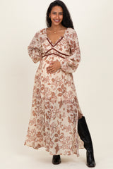 Cream Floral V-Neck Velvet Trim Maternity Maxi Dress