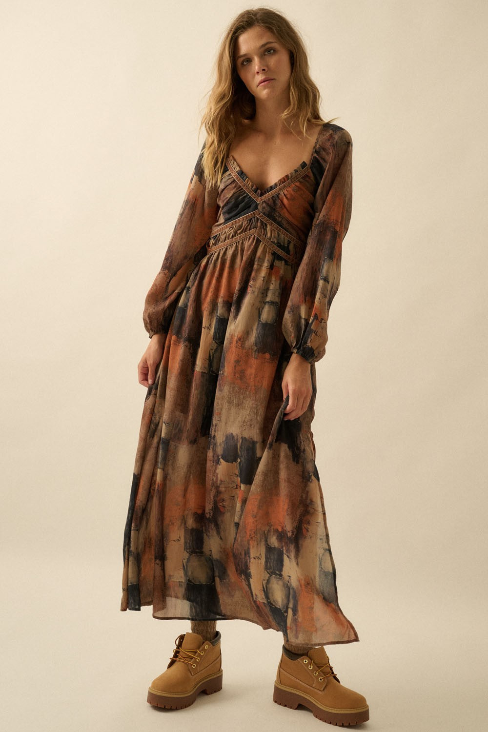 Multicolor Abstract Print Velvet Trim Maternity Maxi Dress