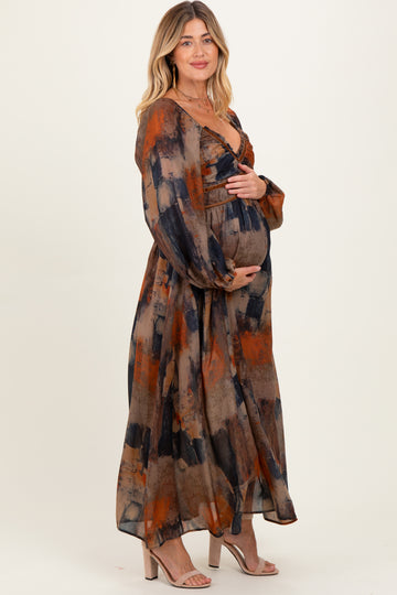 Multicolor Abstract Print Velvet Trim Maternity Maxi Dress