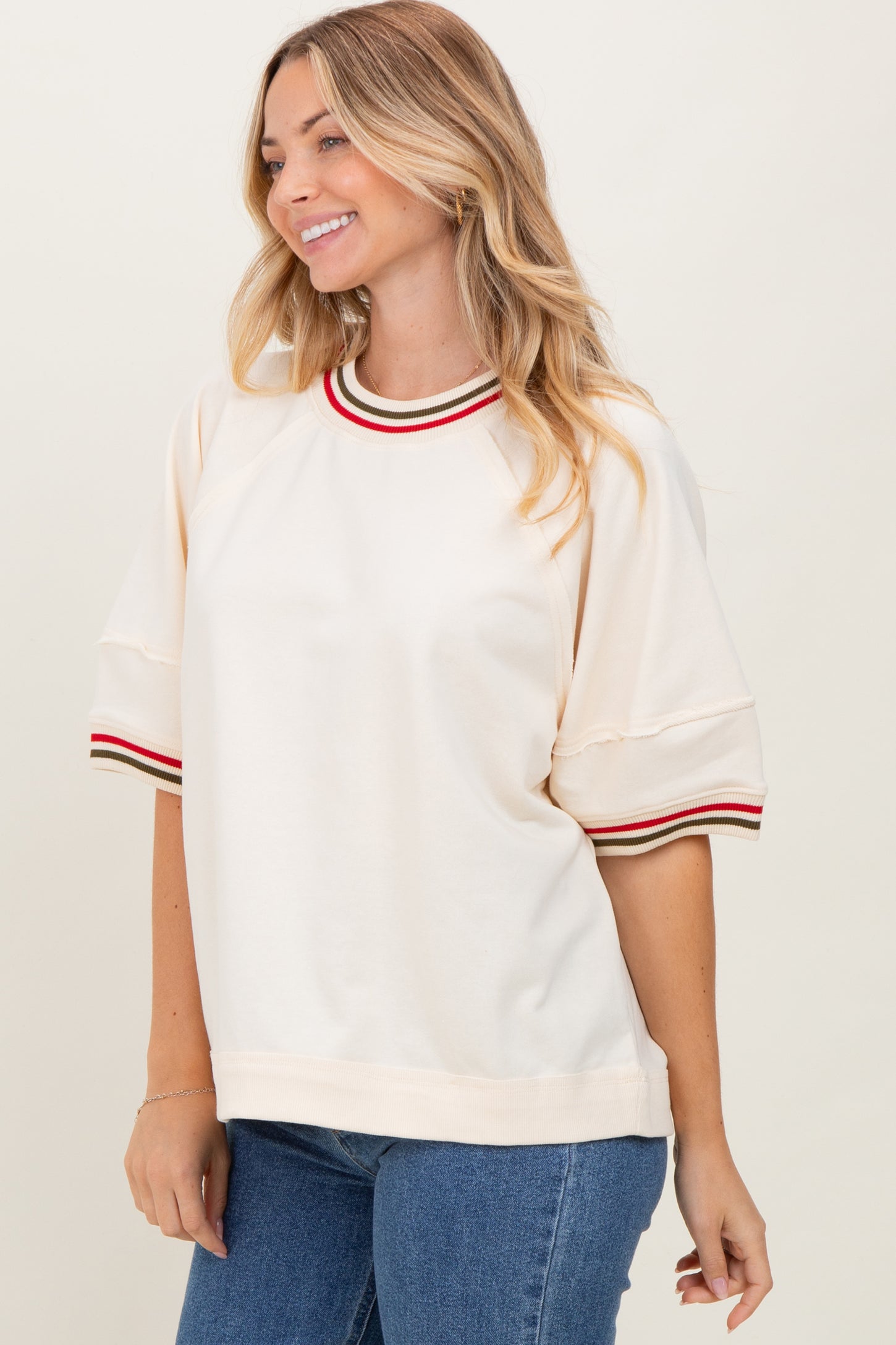 Cream Contrast Trim Short Sleeve Pullover