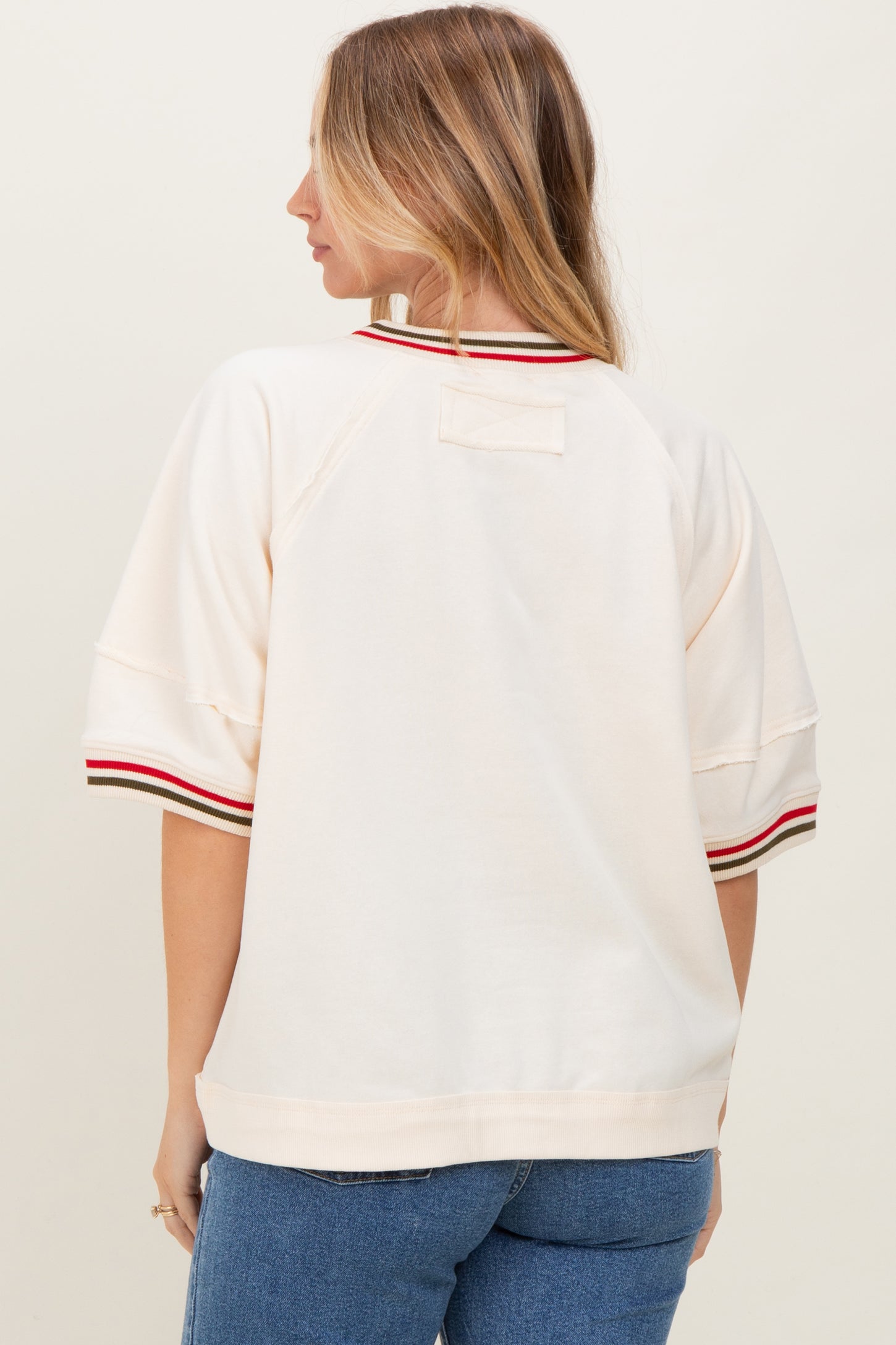 Cream Contrast Trim Short Sleeve Pullover