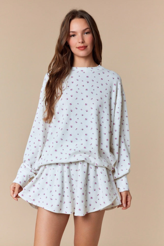 Magenta Floral Waffle Knit Oversized Maternity Long Sleeve Top