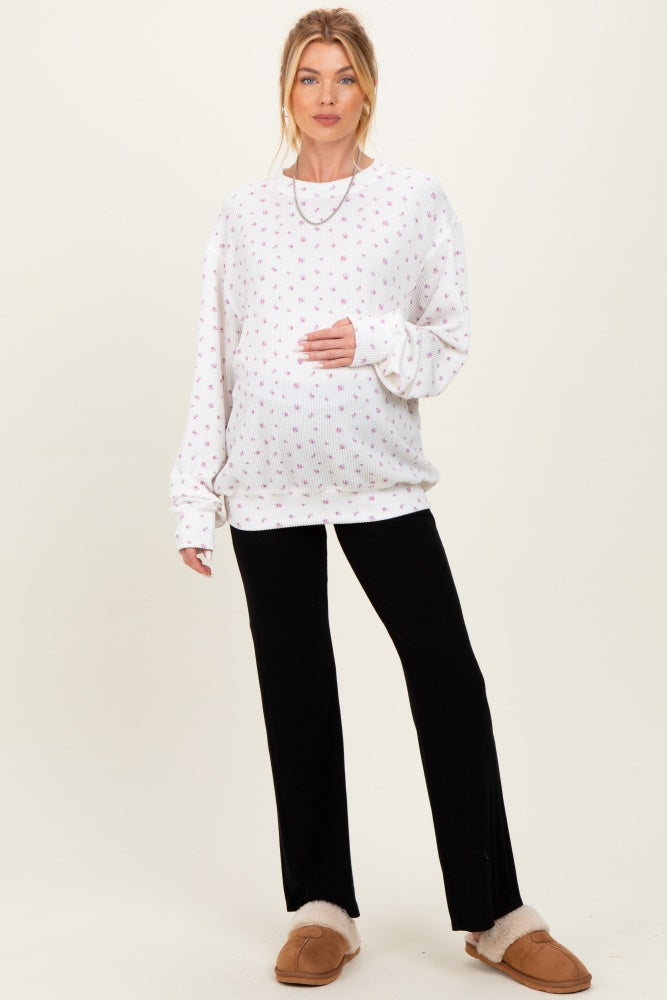 Magenta Floral Waffle Knit Oversized Maternity Long Sleeve Top