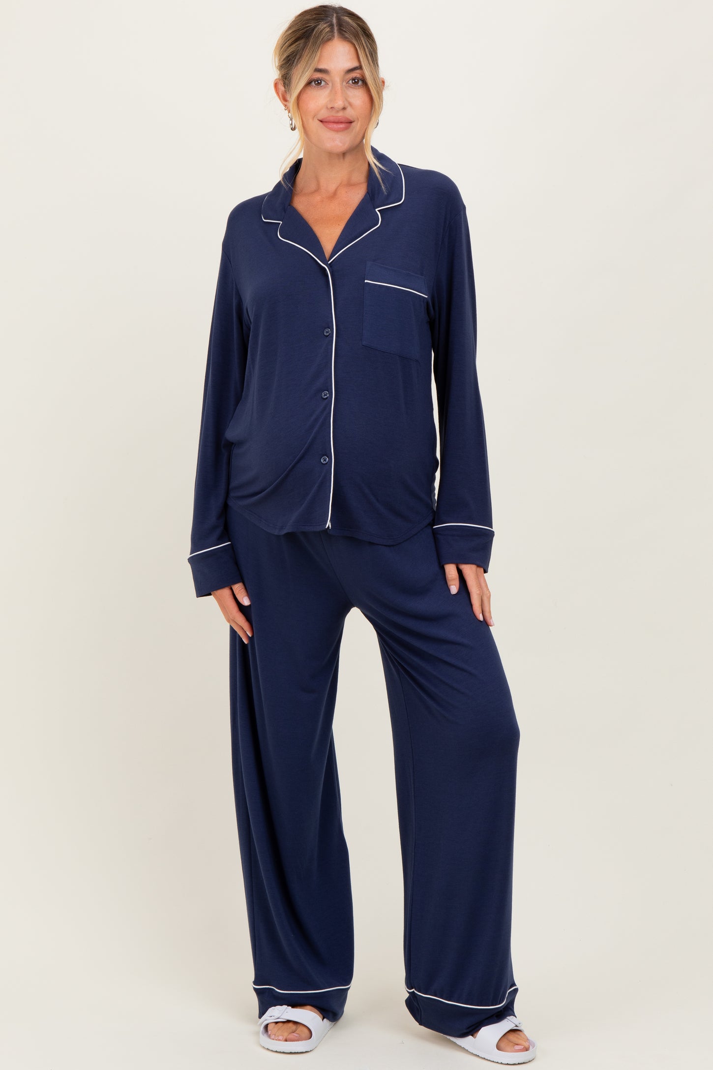Dark Navy Button Down Top Wide Leg Pant Maternity Pajama Set