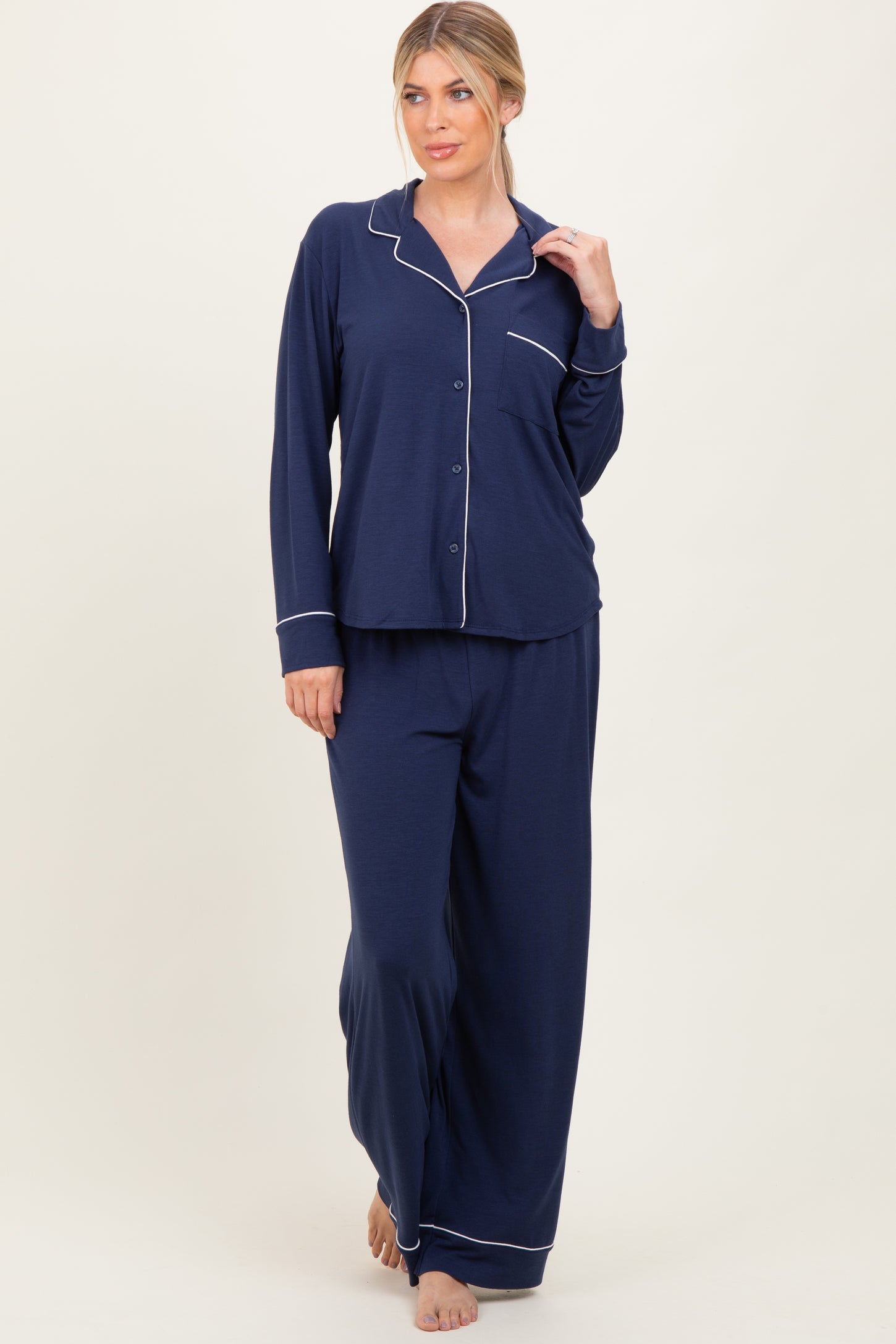 Dark Navy Button Down Top Wide Leg Pant Pajama Set
