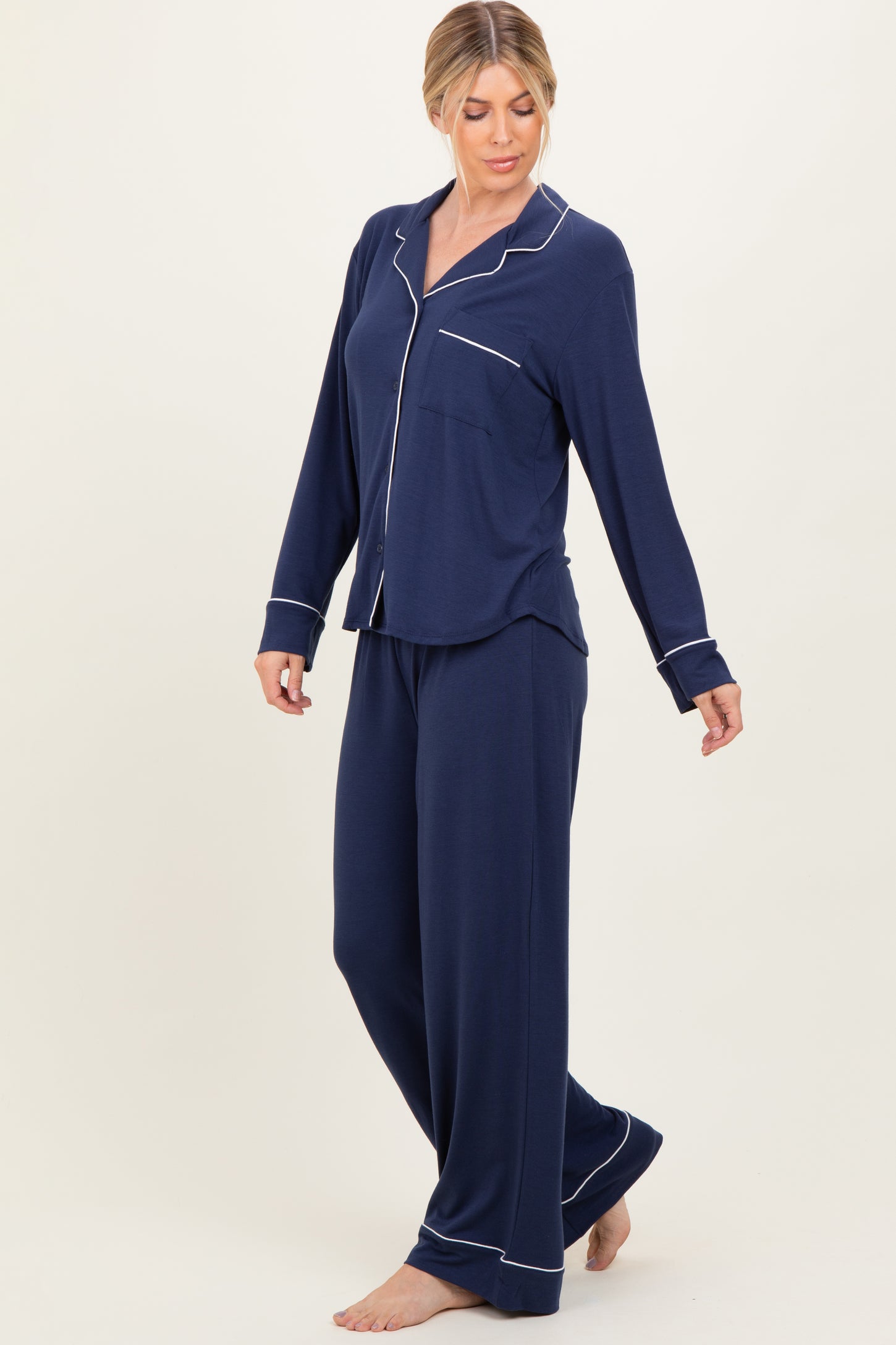 Dark Navy Button Down Top Wide Leg Pant Pajama Set