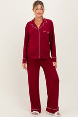 Burgundy Button Down Top Wide Leg Pant Maternity Pajama Set