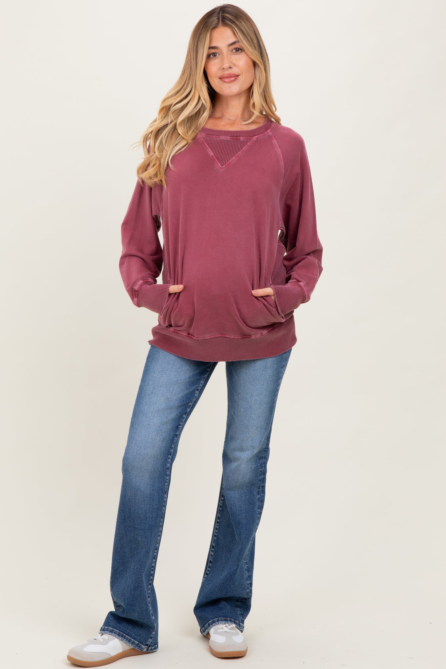 Burgundy Vintage Wash French Terry Maternity Pullover