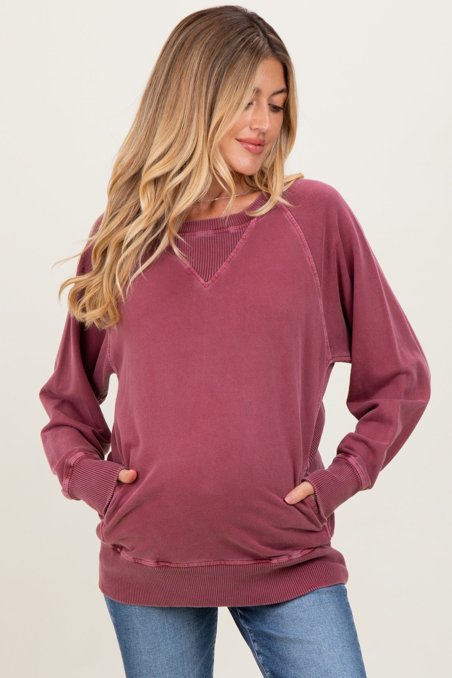 Burgundy Vintage Wash French Terry Maternity Pullover