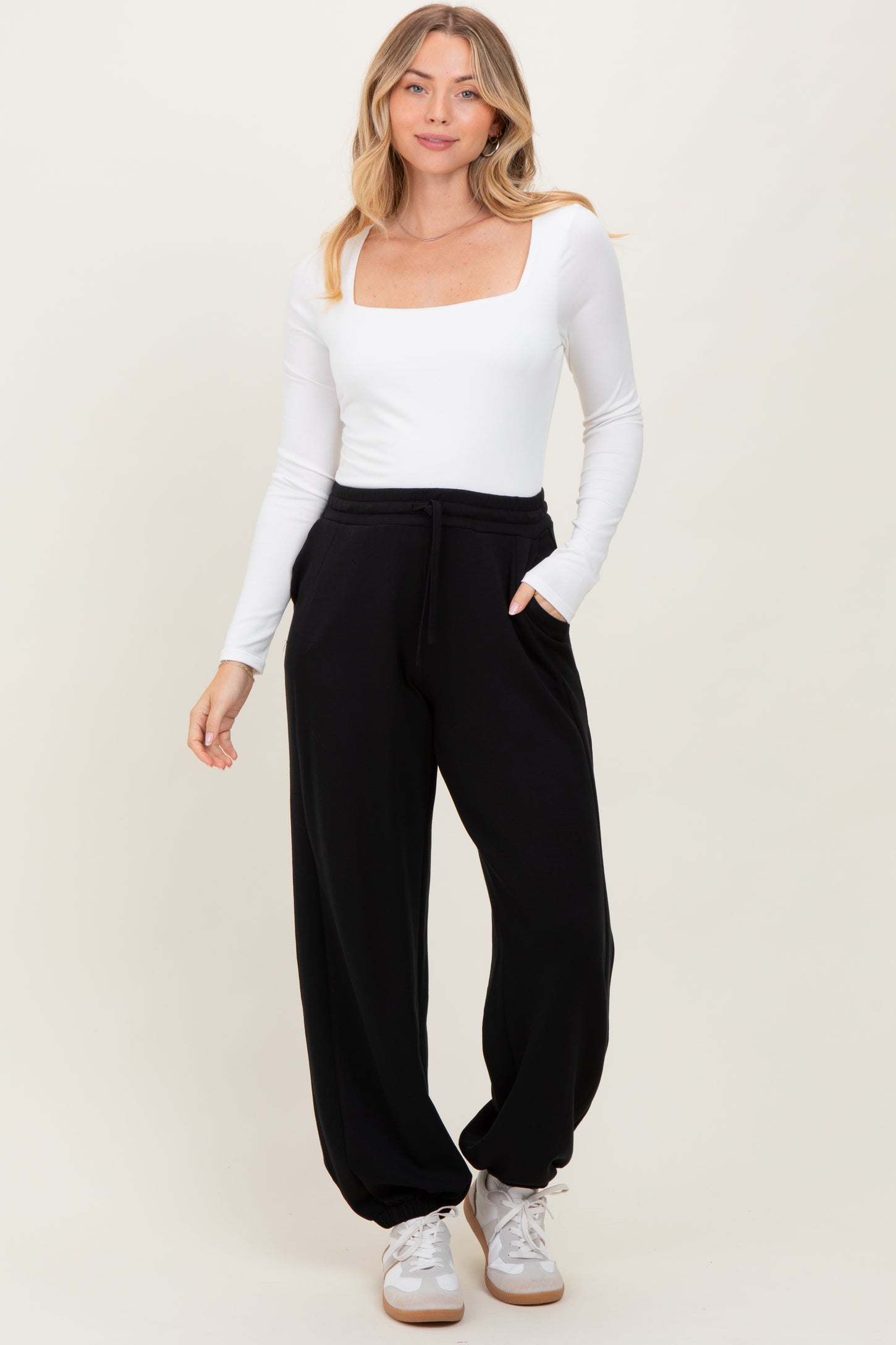 Black Scuba Drawstring Waist Relaxed Maternity Jogger Sweatpants