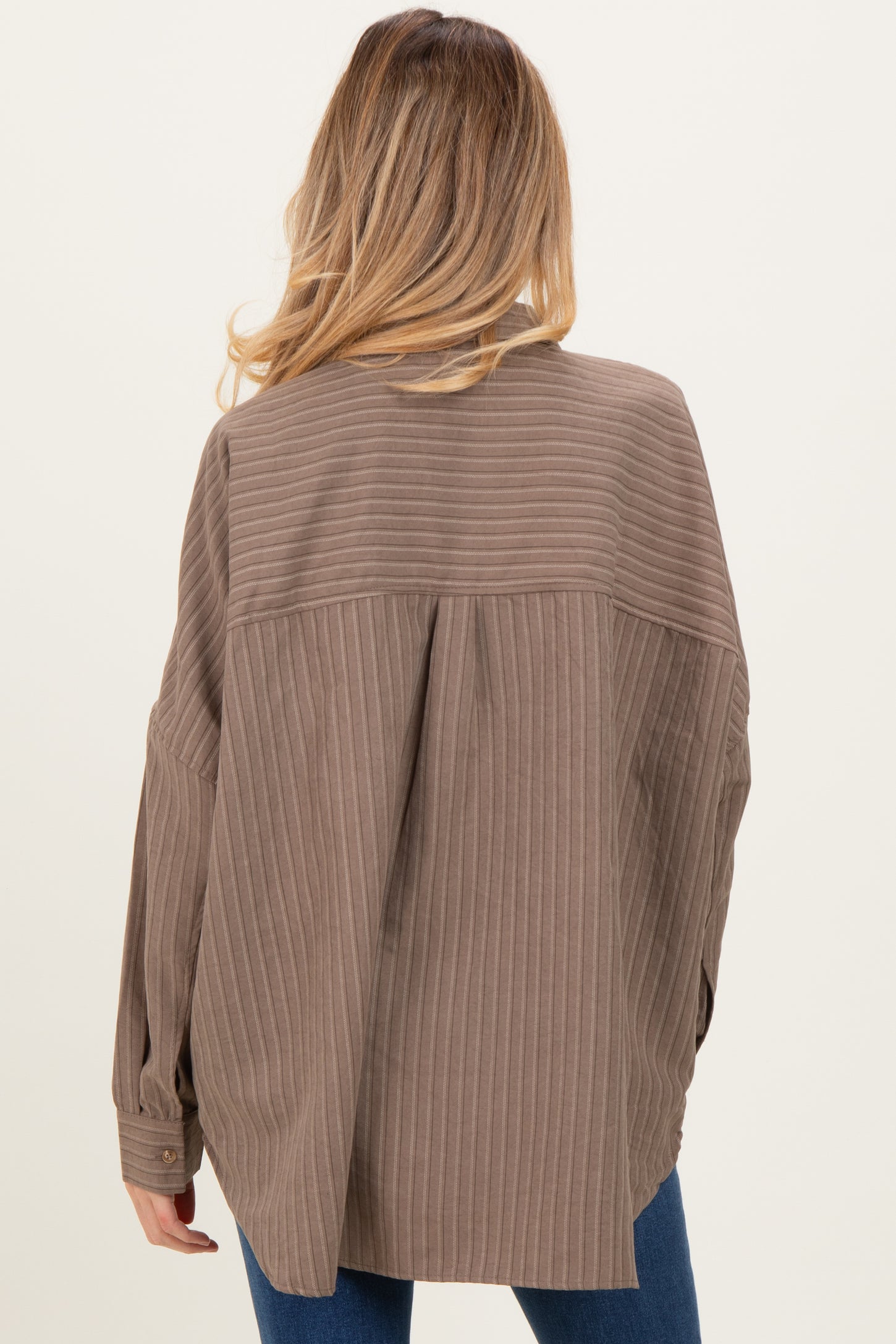 Brown Vertical Stripe Button-Down Oversized Maternity Shirt