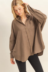 Brown Vertical Stripe Button-Down Oversized Maternity Shirt