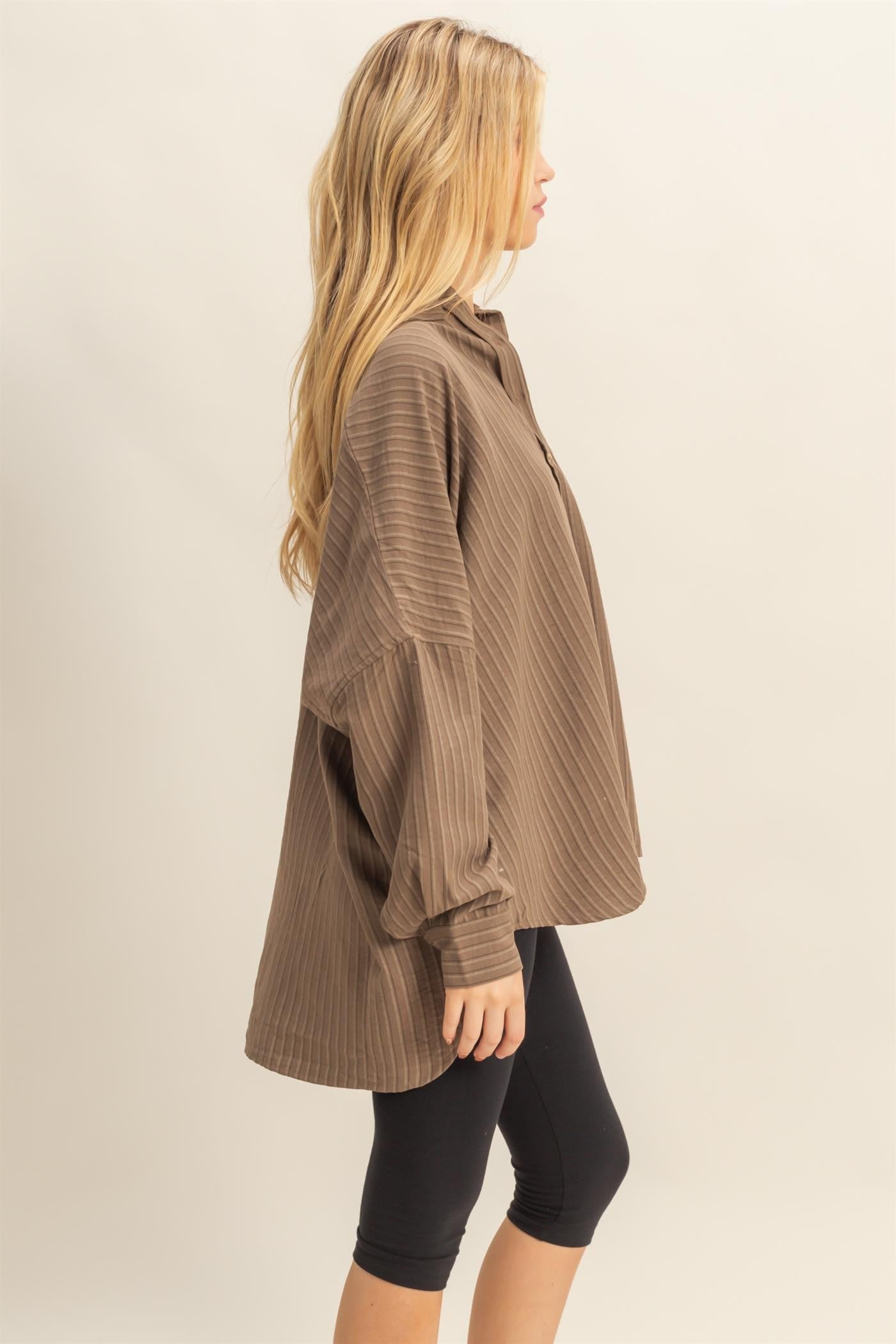 Brown Vertical Stripe Button-Down Oversized Shirt