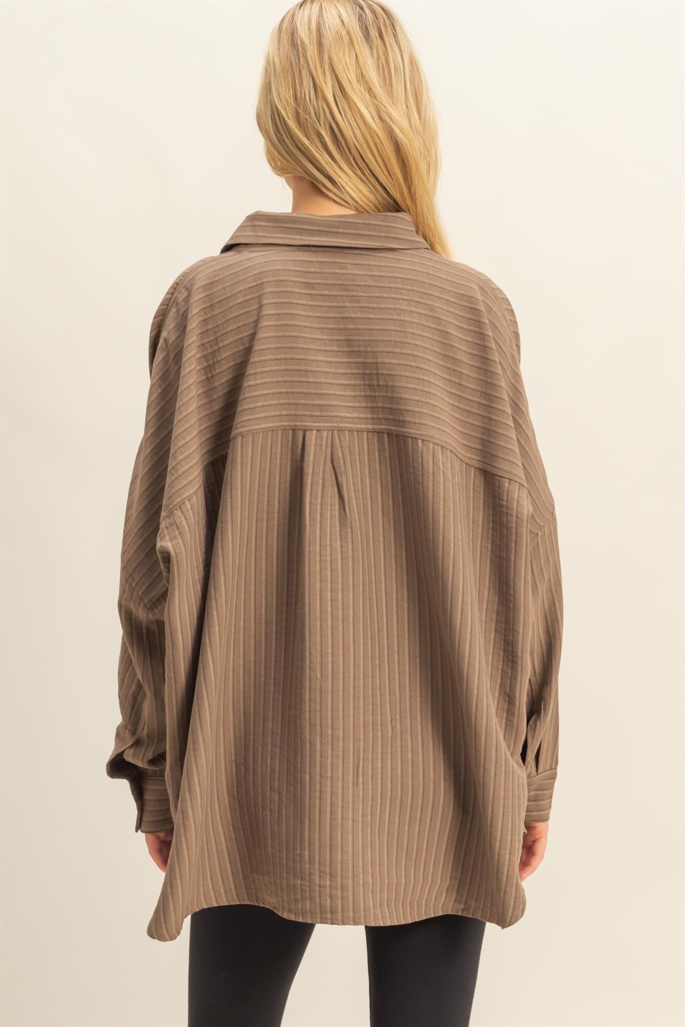 Brown Vertical Stripe Button-Down Oversized Shirt