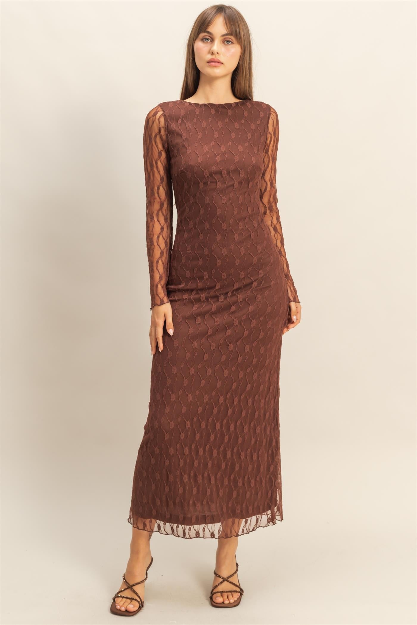 Brown Lace Overlay Fitted Maternity Maxi Dress