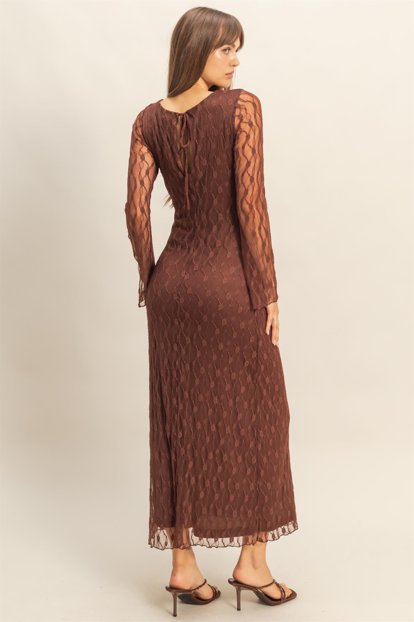 Brown Lace Overlay Fitted Maxi Dress