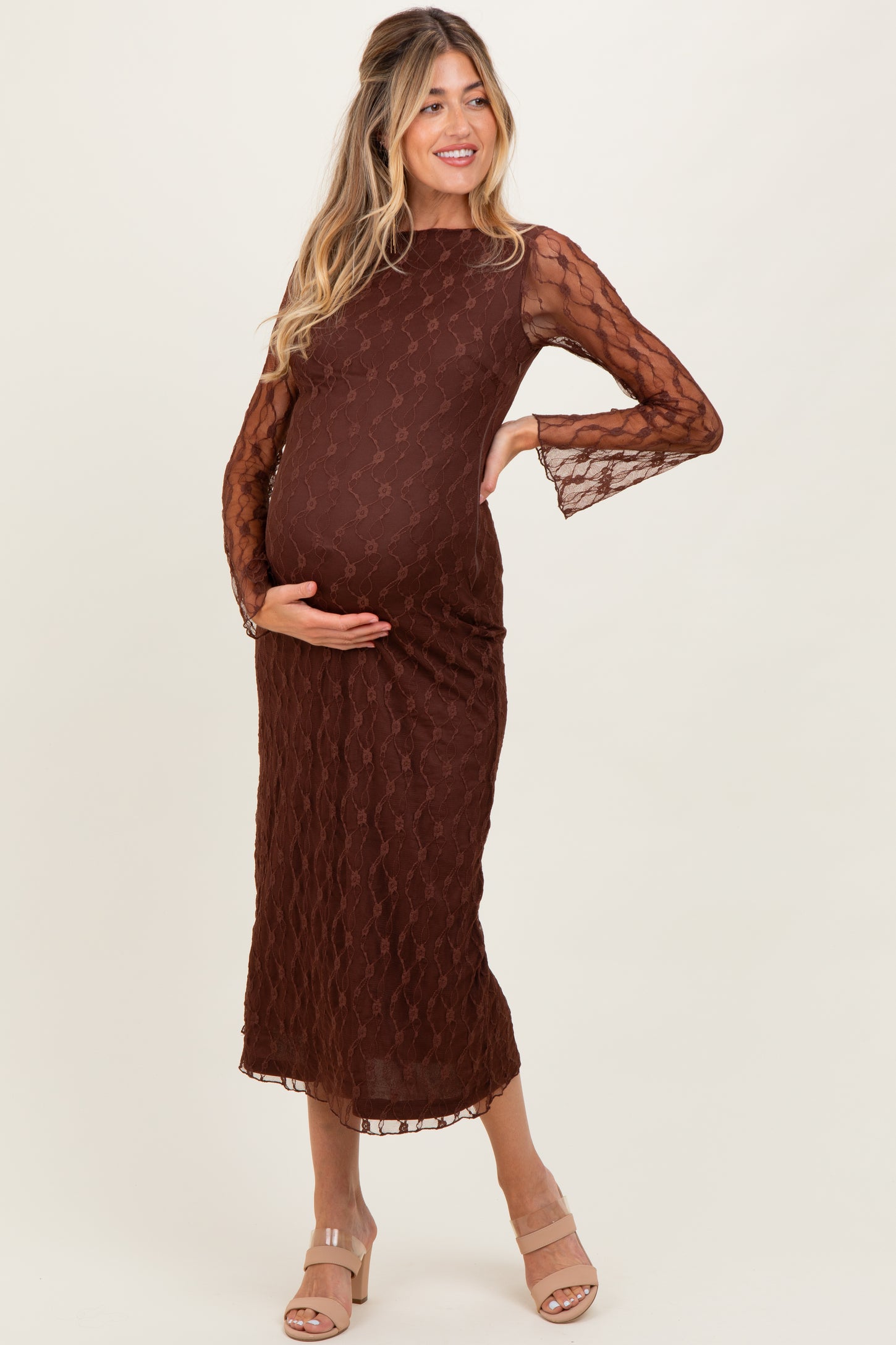 Brown Lace Overlay Fitted Maternity Maxi Dress
