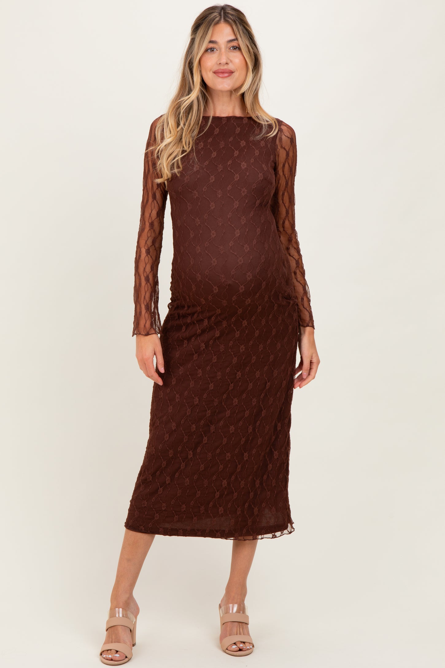 Brown Lace Overlay Fitted Maternity Maxi Dress