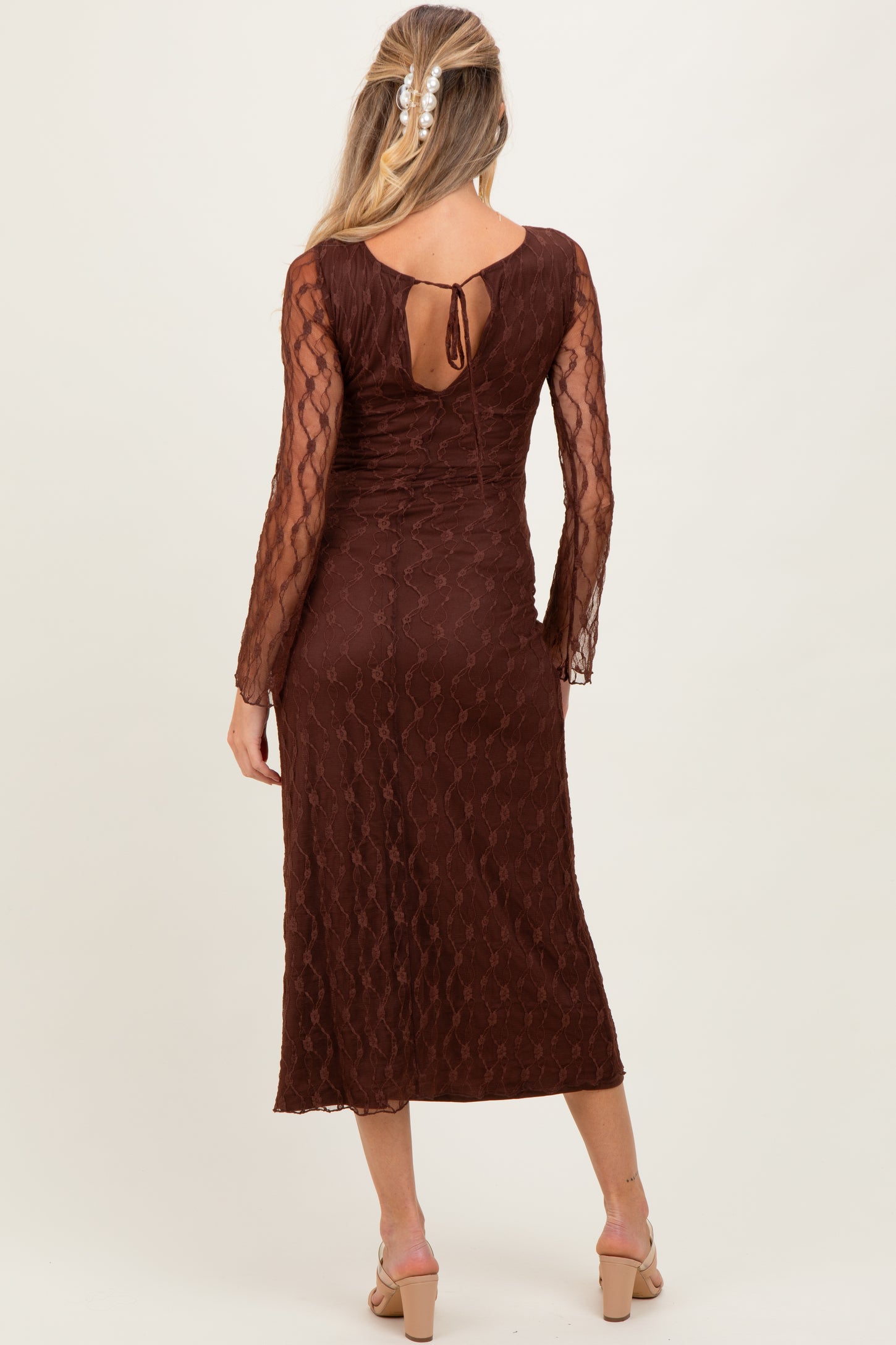 Brown Lace Overlay Fitted Maternity Maxi Dress
