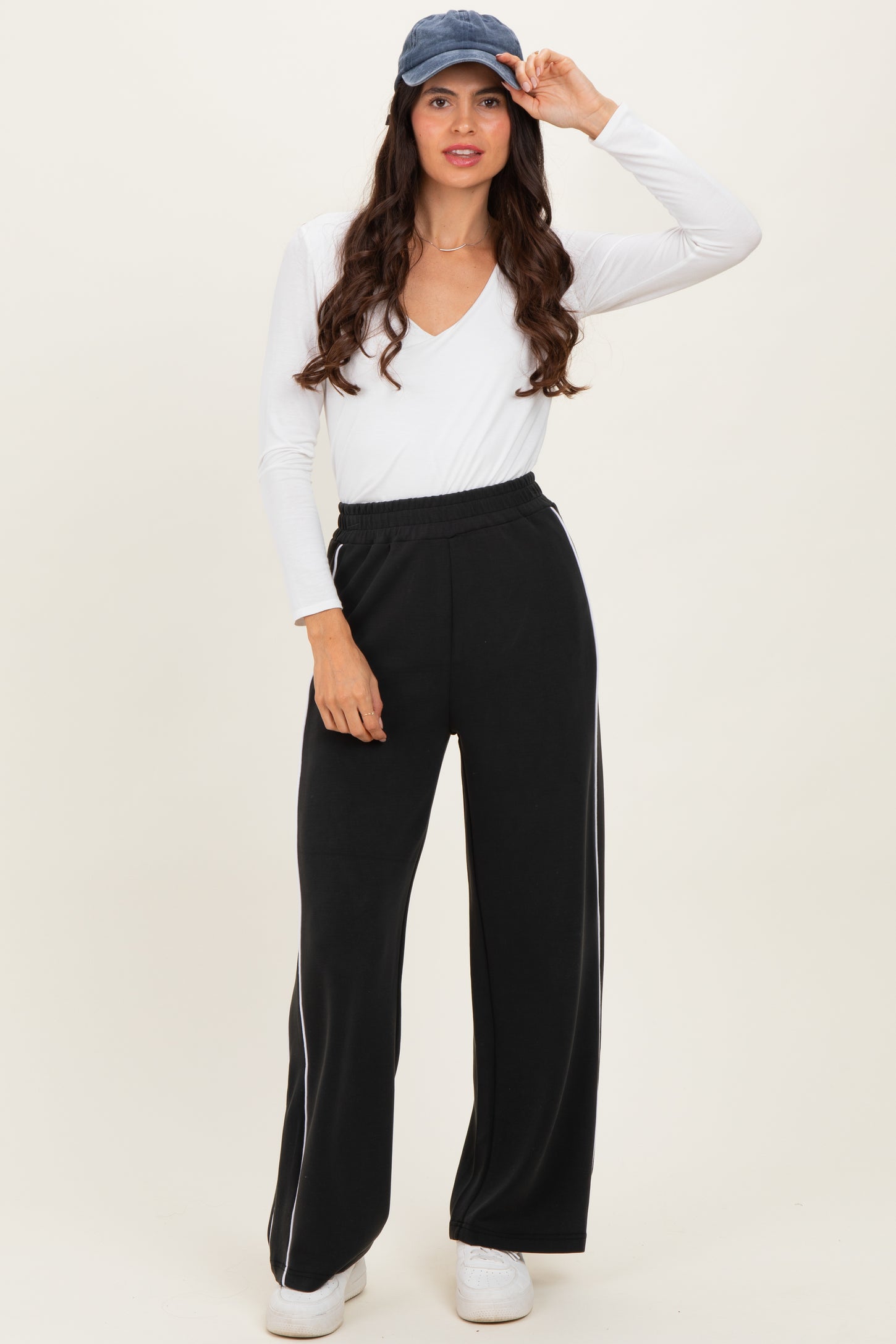 Black Striped Maternity Wide Leg Track Pants