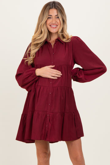 Burgundy Balloon Sleeve Tiered Maternity Shirt Dress