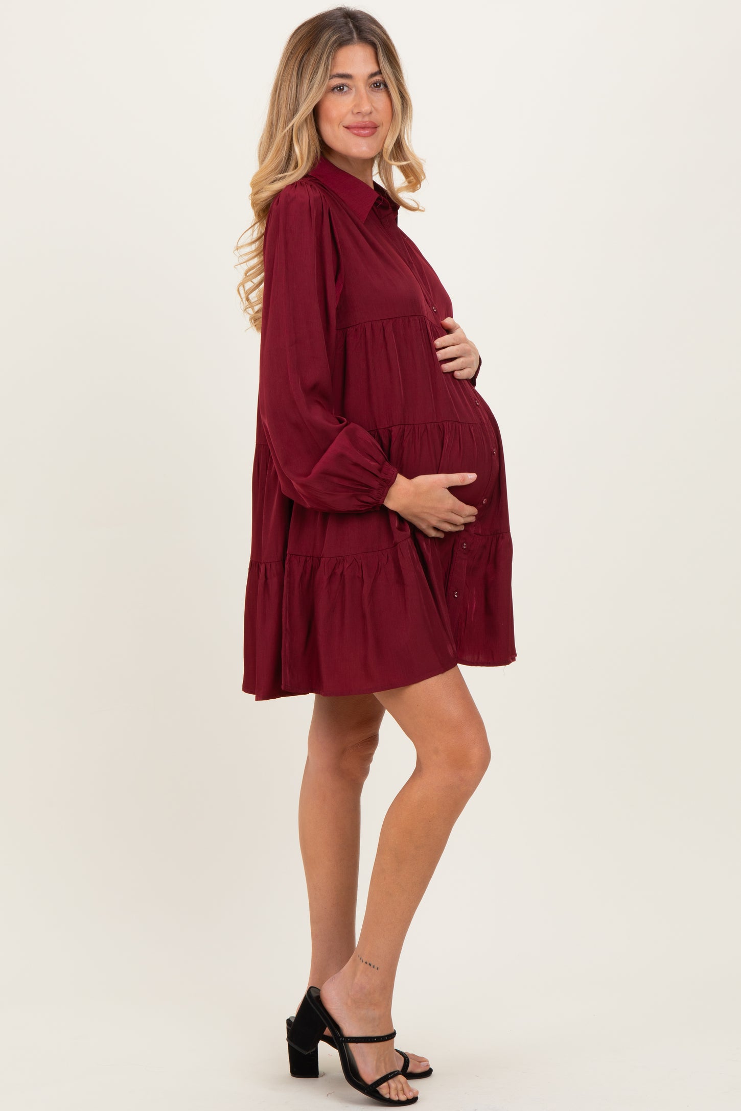 Burgundy Balloon Sleeve Tiered Maternity Shirt Dress