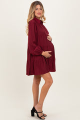 Burgundy Balloon Sleeve Tiered Maternity Shirt Dress