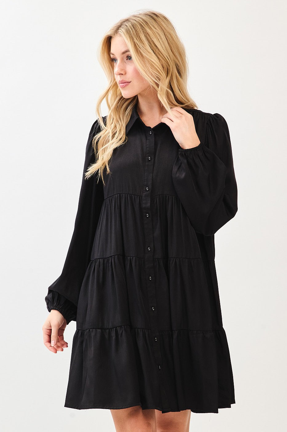 Black Balloon Sleeve Tiered Shirt Dress PinkBlush Black Balloon Sleeve Tiered Shirt Dress PinkBlush