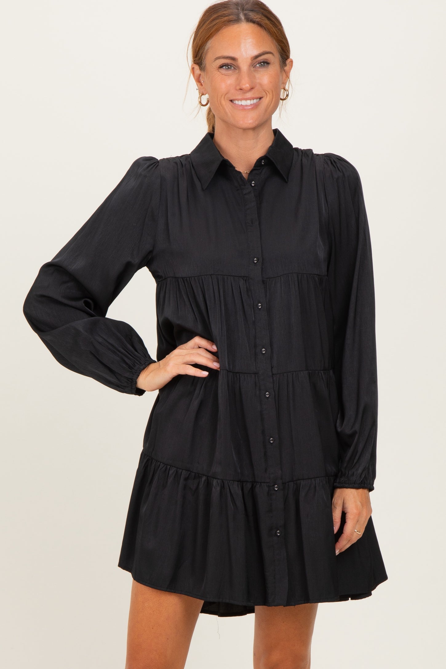 black tiered shirt dress Black Balloon Sleeve Tiered Shirt Dress