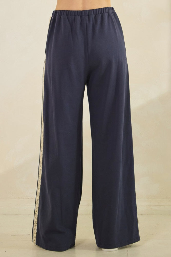 Navy Lace Stripe Drawstring Lounge Pants