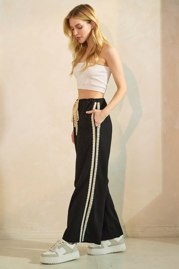 Black Lace Stripe Drawstring Lounge Pants