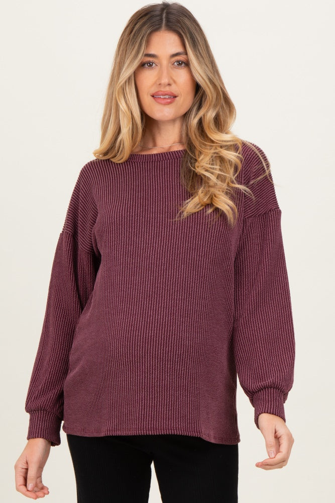 Burgundy Puff Sleeve Solid Ribbed Maternity Top