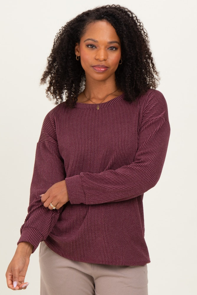 Burgundy Puff Sleeve Solid Ribbed Top