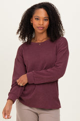Burgundy Puff Sleeve Solid Ribbed Top