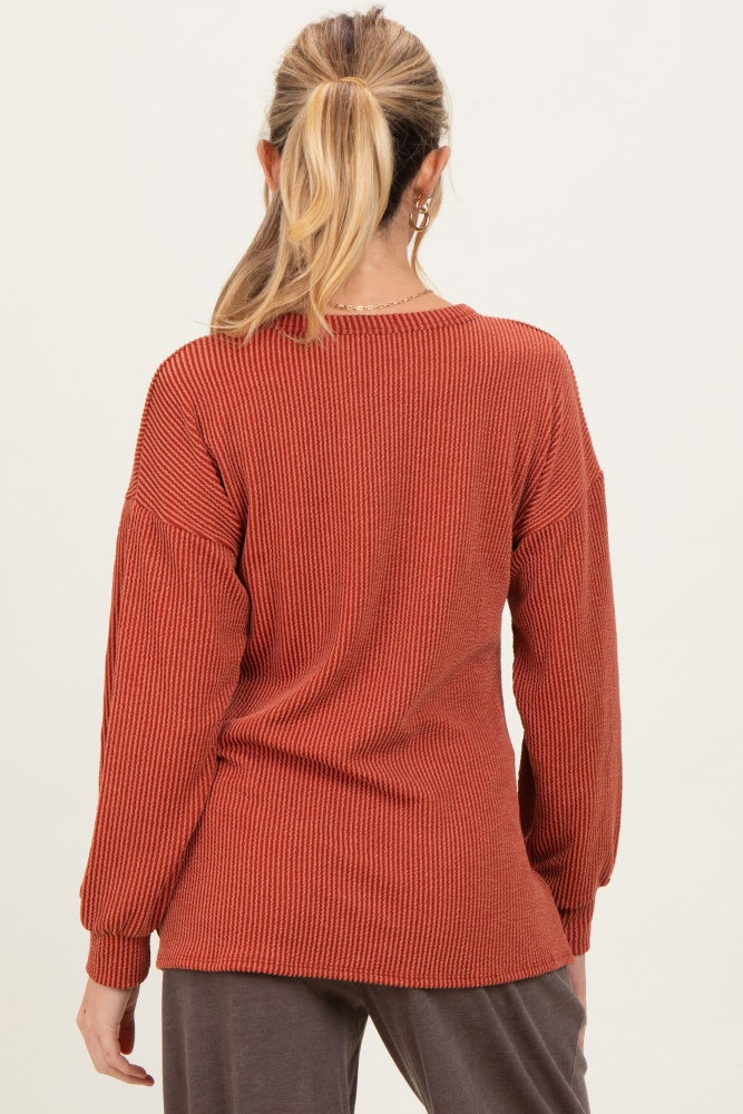 Rust Puff Sleeve Solid Ribbed Maternity Top
