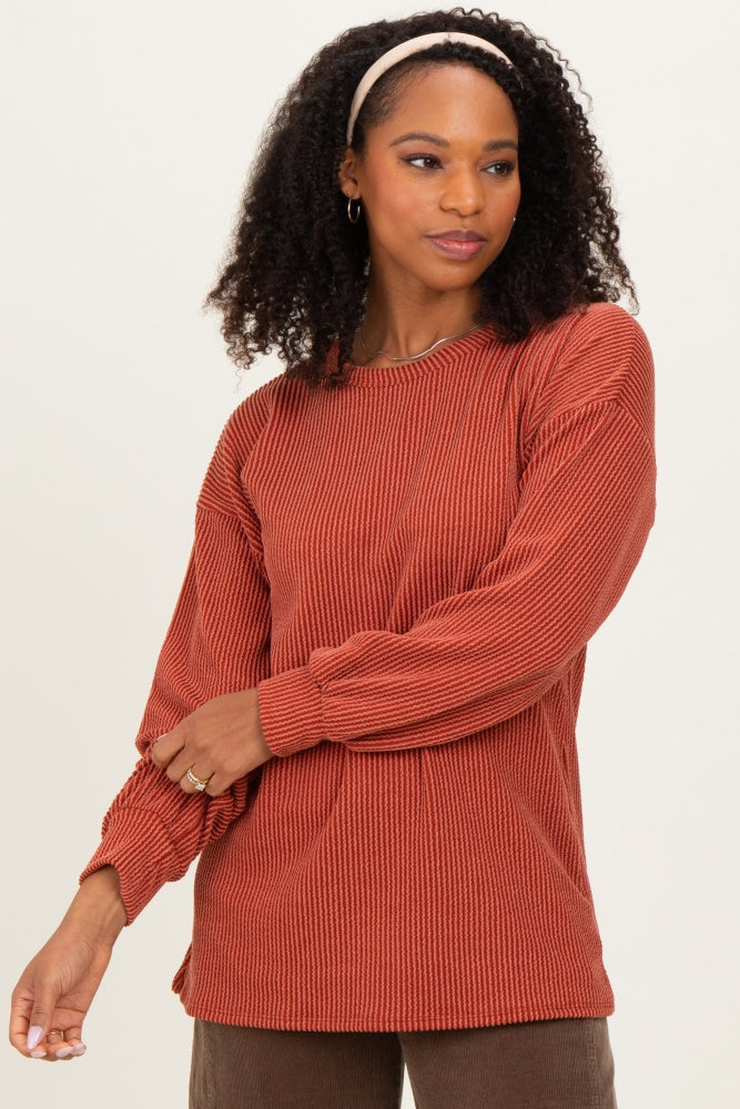 Rust Puff Sleeve Solid Ribbed Maternity Top
