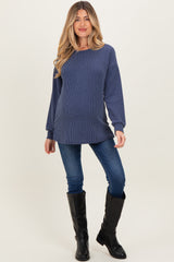 Navy Puff Sleeve Solid Ribbed Maternity Top