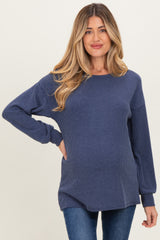 Navy Puff Sleeve Solid Ribbed Maternity Top