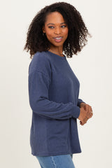 Navy Puff Sleeve Solid Ribbed Top