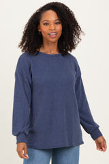Navy Puff Sleeve Solid Ribbed Top