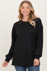 Black Puff Sleeve Solid Ribbed Maternity Top