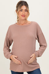 Taupe Puff Sleeve Solid Ribbed Maternity Top