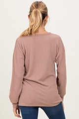 Taupe Puff Sleeve Solid Ribbed Maternity Top