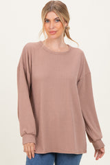 Taupe Puff Sleeve Solid Ribbed Top